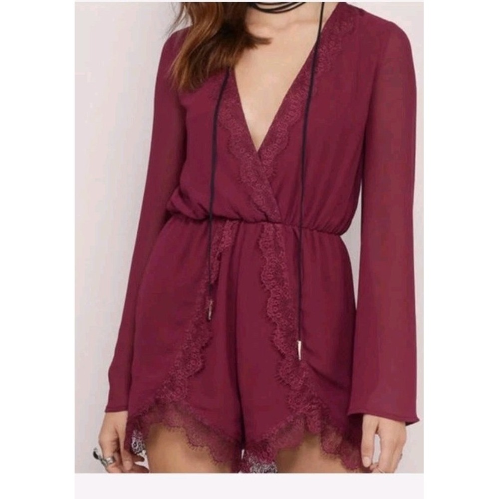 NWT Tobi Women's Burgundy Sheer Bell Sleeve Jumpsuit Sz S Fairycore